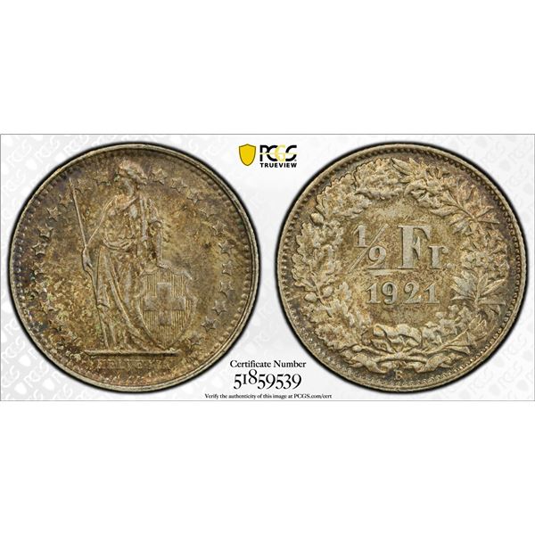 SWITZERLAND: Confederation, AR 1/2 franc, 1921, PCGS MS64