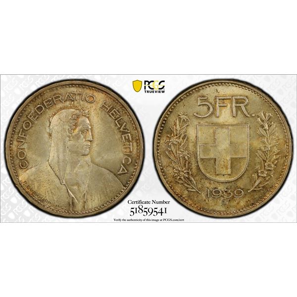 SWITZERLAND: Confederation, AR 5 francs, 1939-B, PCGS MS64