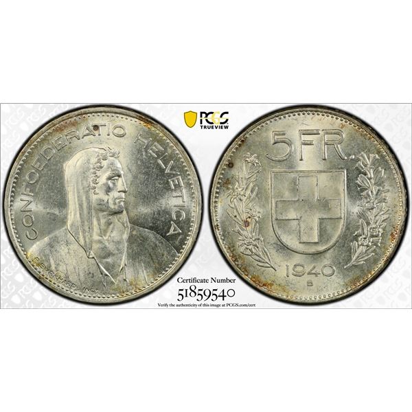 SWITZERLAND: Confederation, AR 5 francs, 1940-B, PCGS MS62