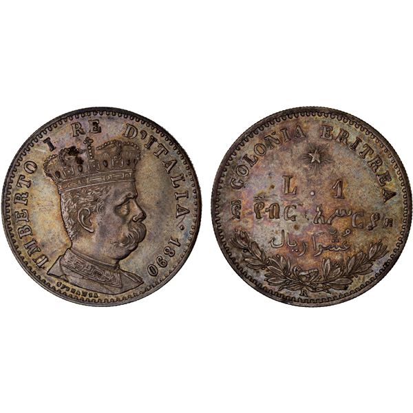 ERITREA: Umberto I, 1889-1900, AR lira, 1890-R, XF