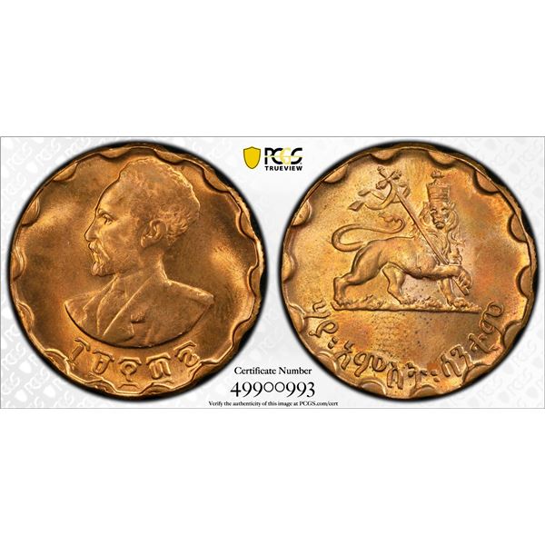 ETHIOPIA: Haile Selassie I, 1930-1974, AE 25 santeems, EE1936 (1944), PCGS MS64 RB