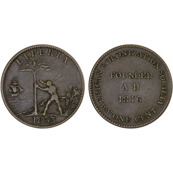 LIBERIA: Republic, AE cent, 1833, About VF