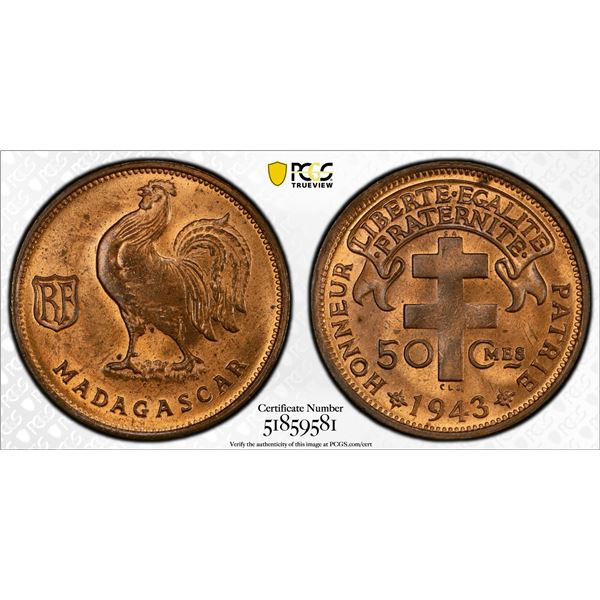 MADAGASCAR: AE 50 centimes, 1943, PCGS MS64 RB
