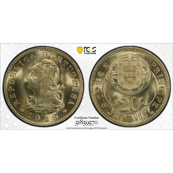 ST. THOMAS & PRINCE: Portuguese Colony, 20 centavos, 1929, PCGS MS66