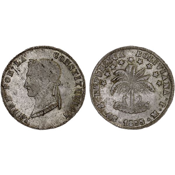 BOLIVIA: Republic, AR 4 soles, 1855, AU