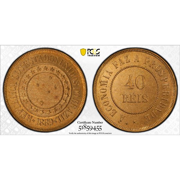 BRAZIL: Republic, AE 40 reis, 1889, PCGS MS63 RD