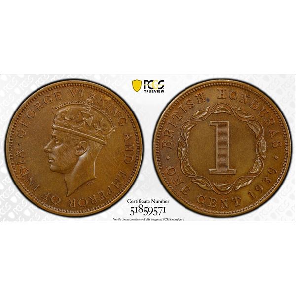 BRITISH HONDURAS: George VI, 1936-1952, AE cent, 1939, PCGS MS63 BN