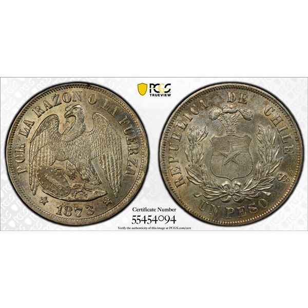 CHILE: Republic, AR peso, 1873-So, PCGS AU58