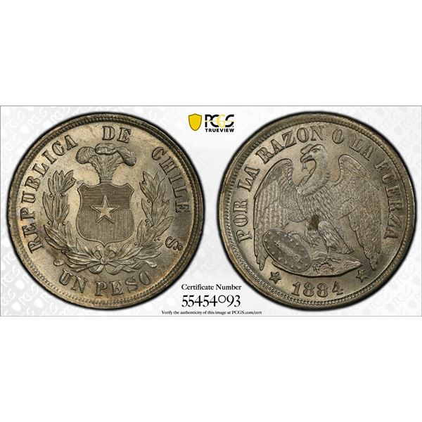 CHILE: Republic, AR peso, 1884-So, PCGS MS64