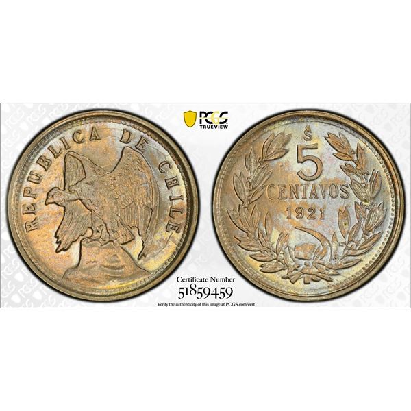 CHILE: Republic, 5 centavos, 1921, PCGS MS65