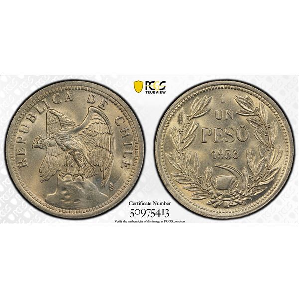 CHILE: Republic, 1 peso, 1933-So, PCGS MS66