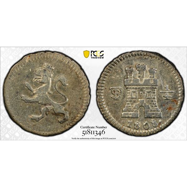 BOLIVIA: Carlos IV, 1788-1808, AR 1/4 real, 1808-PTS, PCGS AU53