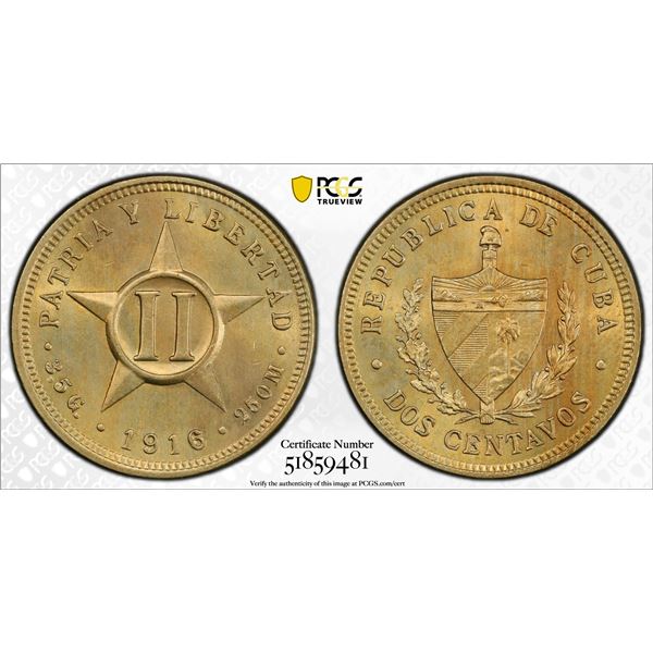 CUBA: Republic, 2 centavos, 1916, PCGS MS65