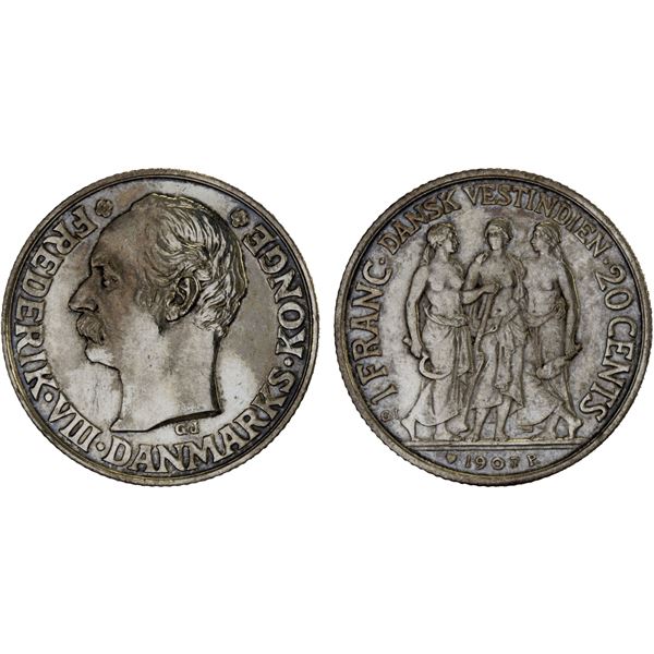 DANISH WEST INDIES: Frederick VIII, 1906-1912, AR 20 cents / 1 franc, 1907, XF