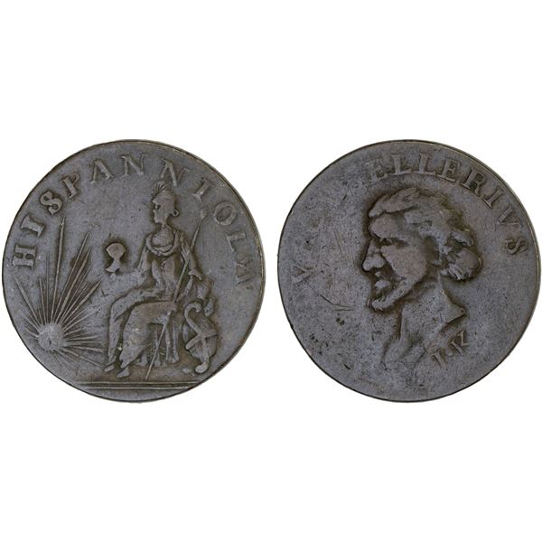 DOMINICAN REPUBLIC: AE evasion halfpenny, ca. late 18th century, F-VF