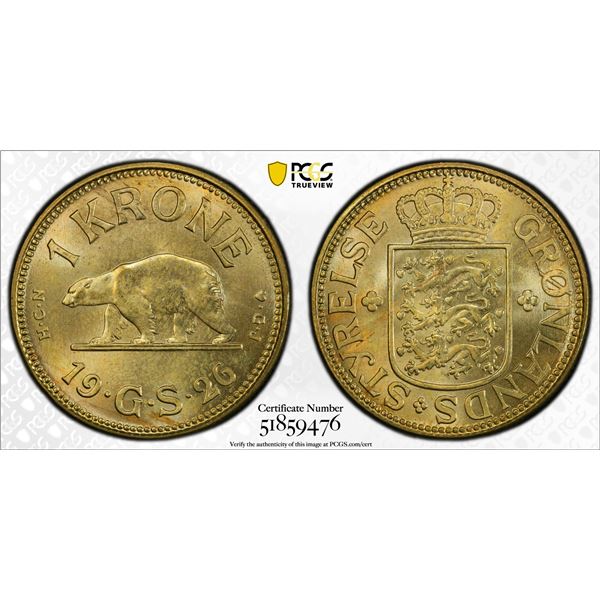 GREENLAND: Danish Colony, 1 krone, 1926, PCGS MS63
