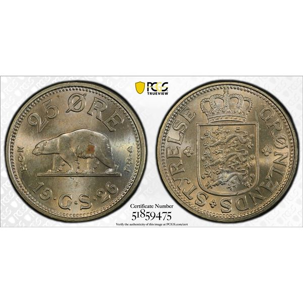 GREENLAND: Danish Colony, 25 øre, 1926, PCGS MS63