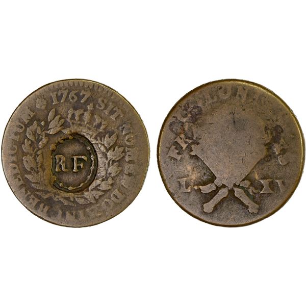 GUADELOUPE: French Colony, AE 3 sols 9 deniers, ND (1793), VF on Good host