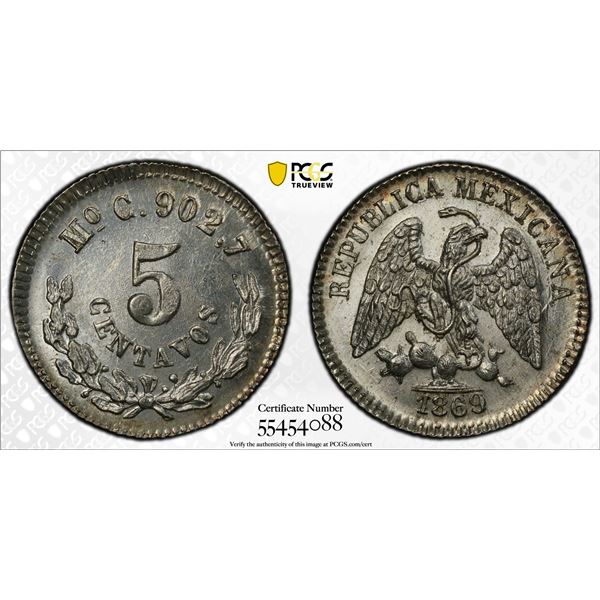 MEXICO: Republic, AR 5 centavos, 1869/8-Mo, PCGS MS64