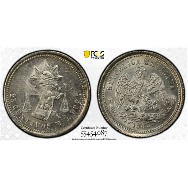 MEXICO: Republic, AR 25 centavos, 1883-Mo, PCGS MS65