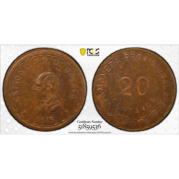 MEXICO: Revolutionary Issue, AE 20 centavos, Oaxaca, 1915, PCGS MS62 BN