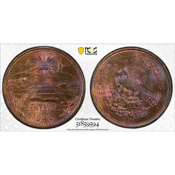 MEXICO: Estados Unidos, AE 20 centavos, 1946-Mo, PCGS MS65 RB