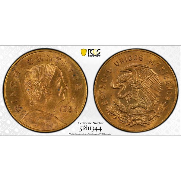 MEXICO: Estados Unidos, AE 5 centavos, 1954-Mo, PCGS MS65