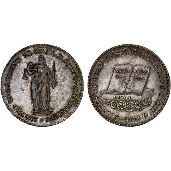 PERU: Republic, AR medal (6.80g), 1852, XF-AU