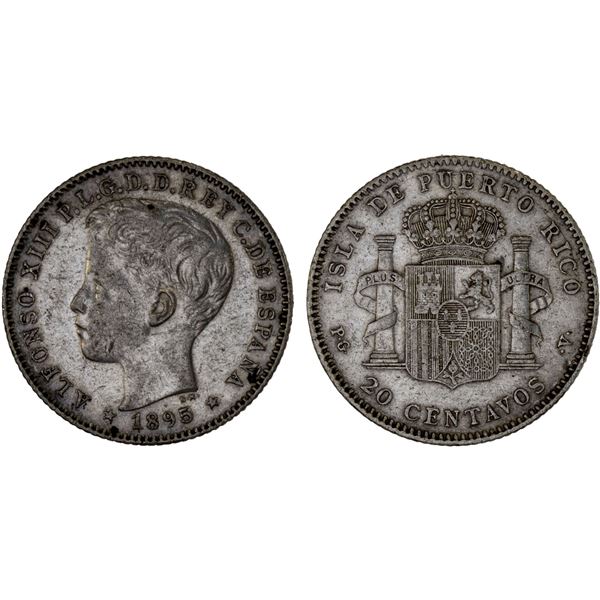 PUERTO RICO: Alfonso XIII, 1886-1898, AR 20 centavos, About XF