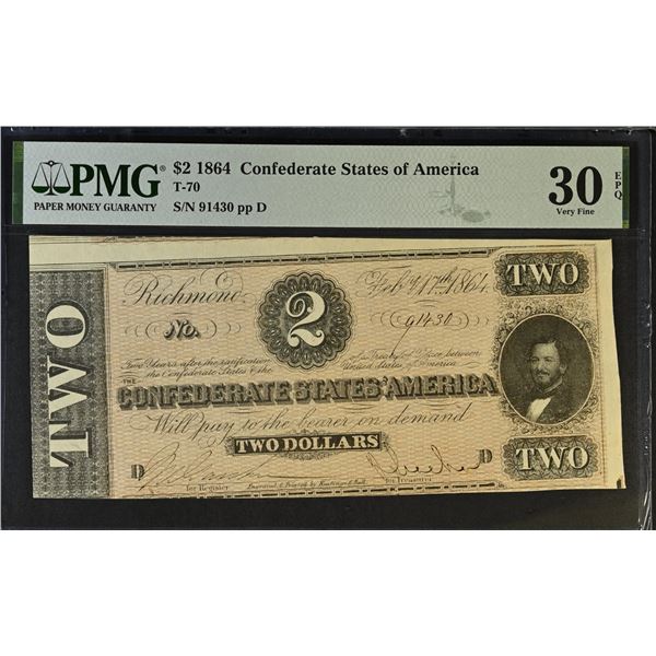 UNITED STATES CIVIL WAR: CONFEDERACY: 2 dollars, 17.2.1864, PMG graded VF30 EPQ