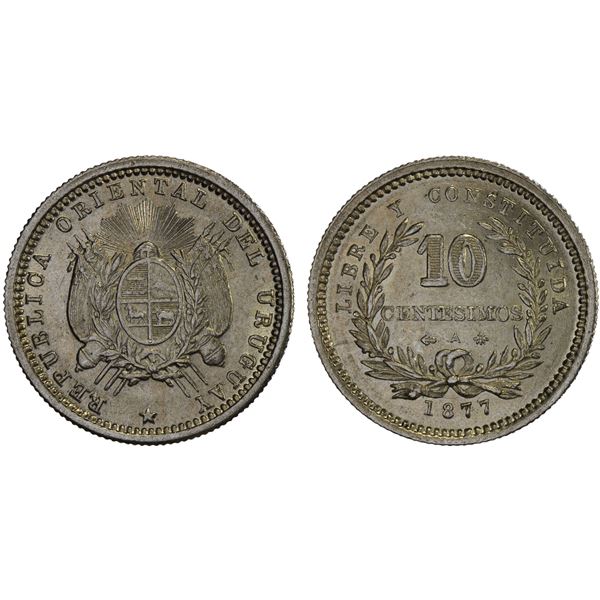 URUGUAY: Republic, AR 10 centesimos, 1877-A, Unc