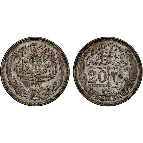 EGYPT: Hussein Kamil, 1914-1917, AR 20 pisatres, 1916/AH1335, XF