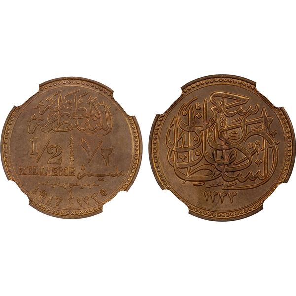 EGYPT: Hussein Kamil, 1914-1917, AE 1/2 millieme, 1917/AH1335, NGC MS65 RB