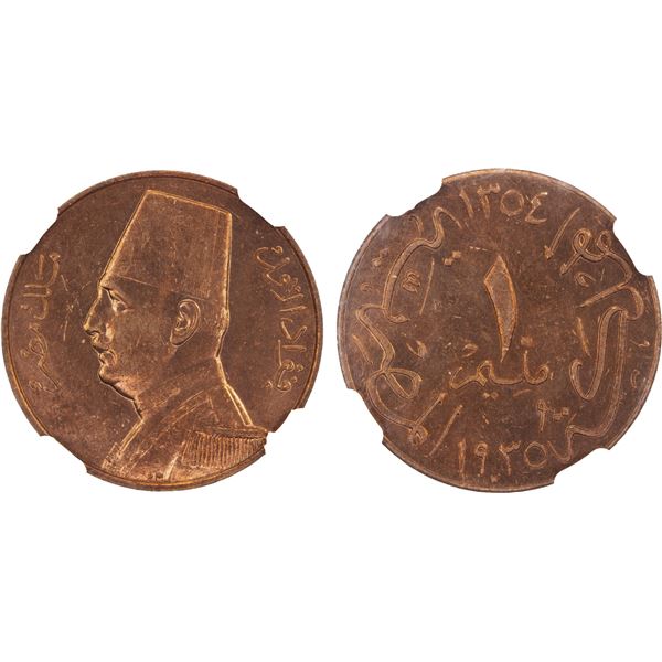 EGYPT: Fuad I, King, 1922-1936, AE millieme, 1935-H/AH1354, NGC MS62 RB