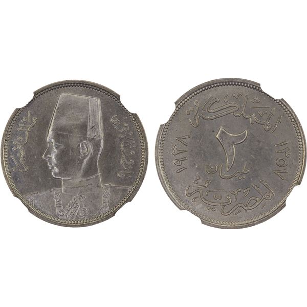 EGYPT: Farouk, 1936-1952, 2 milliemes, 1938/AH1357, NGC MS63