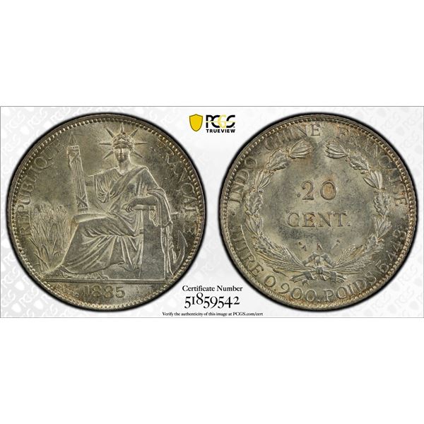 FRENCH INDOCHINA: AR 20 cents, Paris, 1885-A, PCGS MS62
