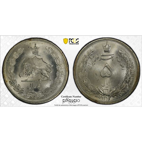 IRAN: Reza Shah, 1925-1941, AR 5 rials, SH1313 (1934), PCGS MS65