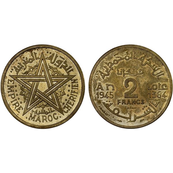 MOROCCO: Mohammed V, 1927-1962, 2 francs, 1945/AH1364, Unc