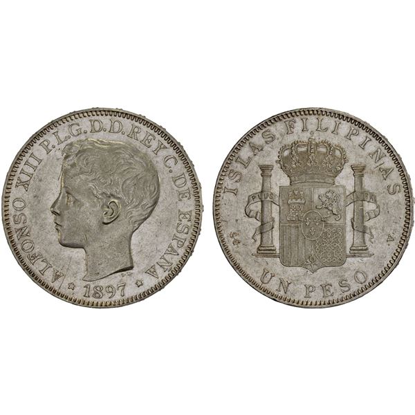 PHILIPPINES: Alfonso XIII, 1886-1898, AR peso, 1897, AU