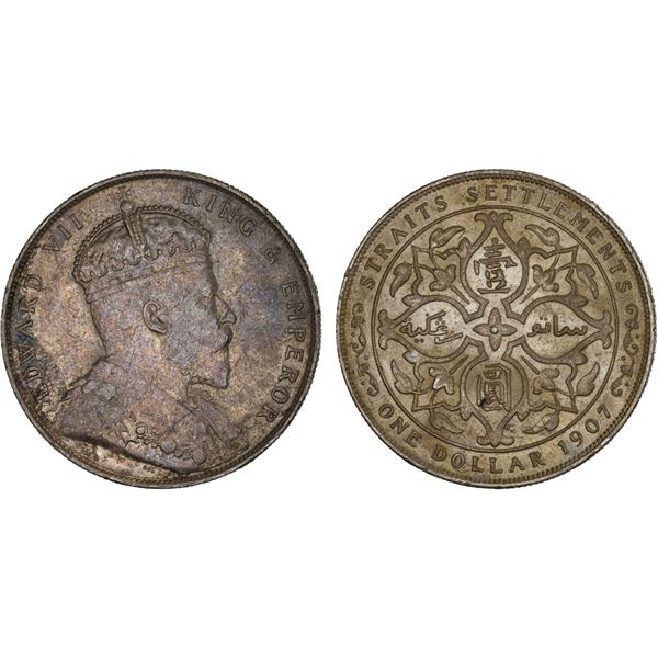 STRAITS SETTLEMENTS: Edward VII, 1901-1910, AR dollar, 1907-H, AU