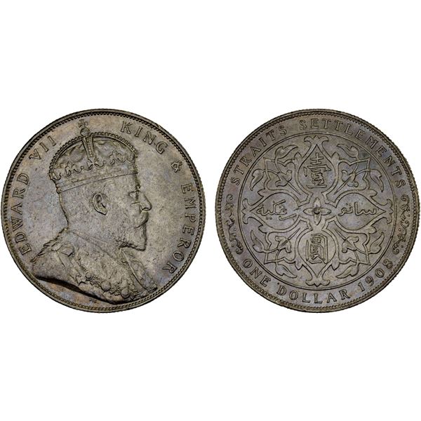 STRAITS SETTLEMENTS: Edward VII, 1901-1910, AR dollar, 1908, AU