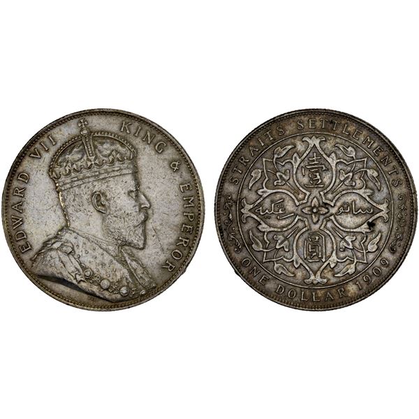 STRAITS SETTLEMENTS: Edward VII, 1901-1910, AR dollar, 1909, Choice XF