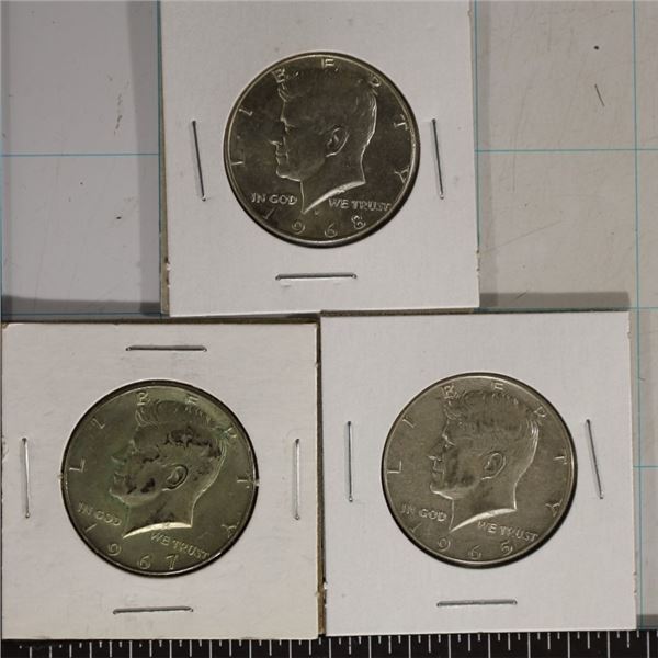 3-40% SILVER JOHN F. KENNEDY HALVES: 1965-P, 1967P