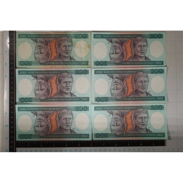 6-BRASIL 200 CRUZEIROS, 4 CRISP UNC, 1 USED & 1 EF