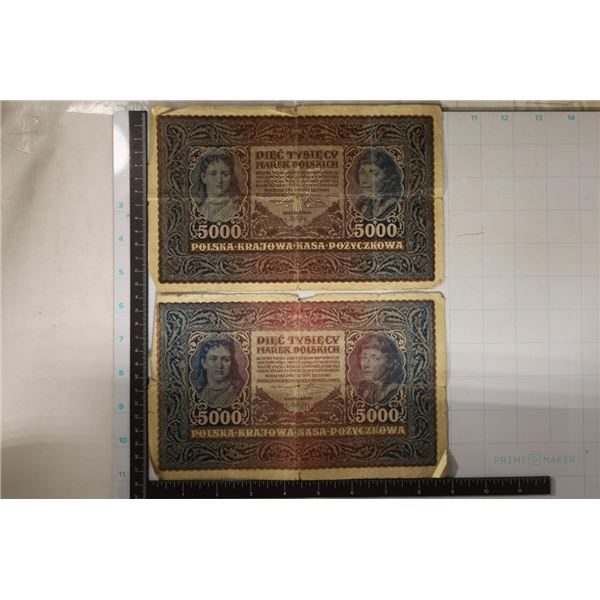 2-1920 POLISH 5000 MARKA BILLS: WELL USED