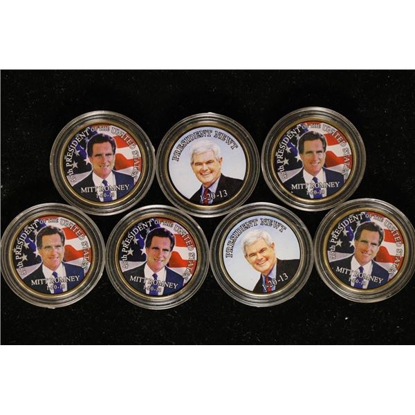 7 PRESIDENTIAL COLORIZED TOKENS.  5-GOLD COLORED