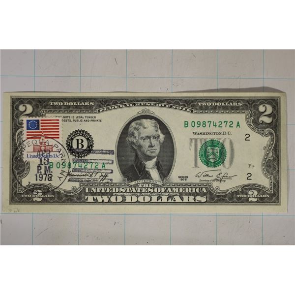 CRISP UNC 1976 US $2 GREEN SEAL BILL WITH POSTALLY