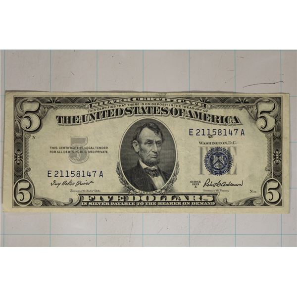 1953-A $5 SILVER CERTIFICATE BLUE SEAL XF++