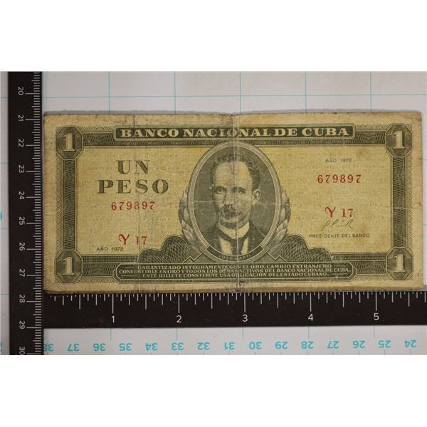 1972 CUBA ONE PESO BILL, CIRCULATED AND DIRTY