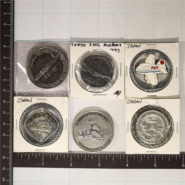 6 JAPANESE METAL AIRCRAFT MEDALS.  2 ARE COLORED